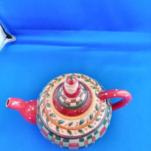 Sakura Debbie Mumm Small Teapot Holly and Plaid Santa Claus Lid Red Green - Picture 4 of 6